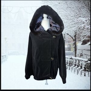 Vtg Braefair Black Velvet Real Fox Fur Trimmed Hooded Bomber Jacket Sz L